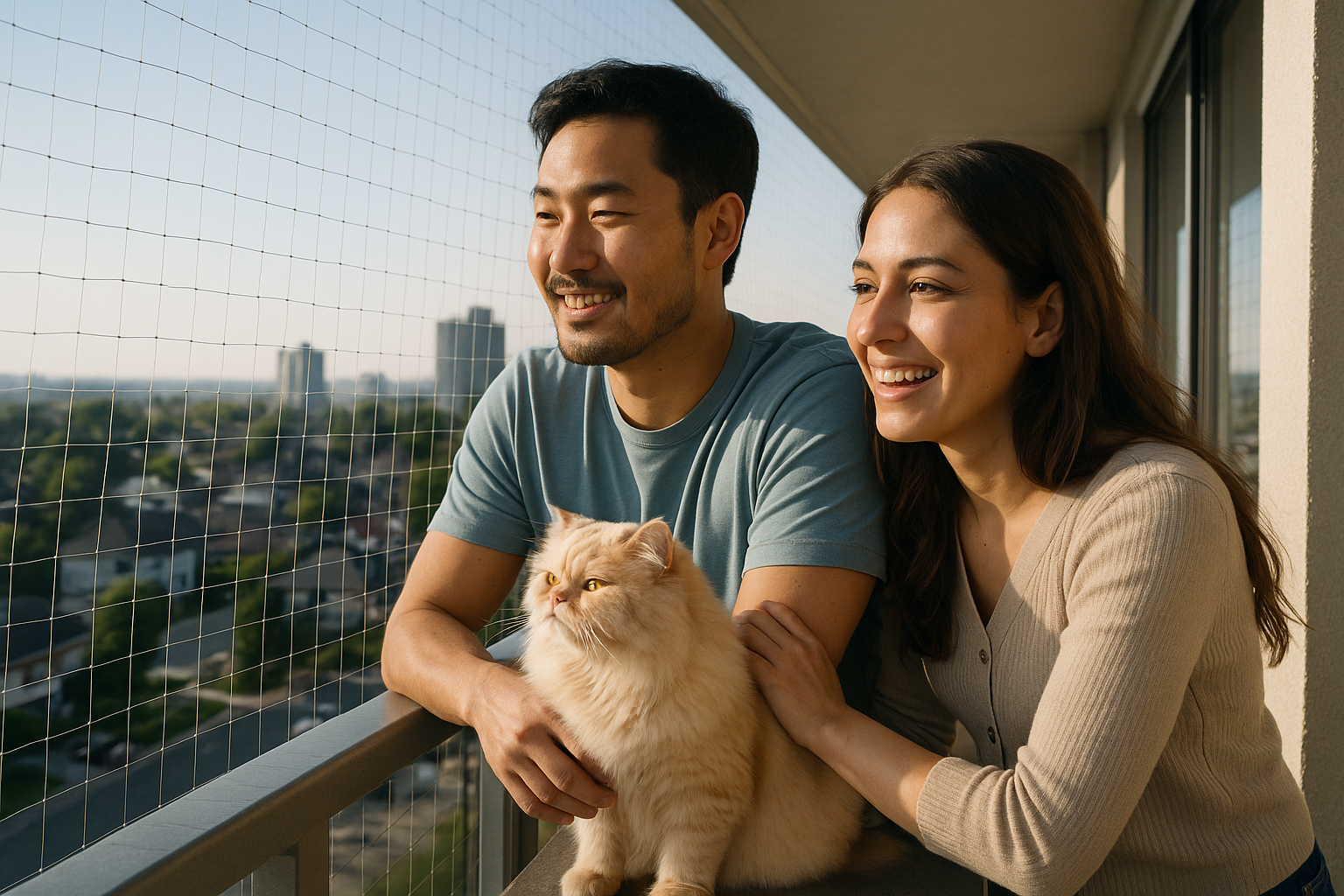 Pareja feliz con su gato en un balcón seguro